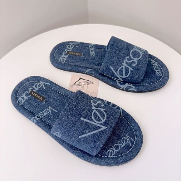 ⭕️ VERSACE Denim Slippers Sandals Blue Logo Women’s Designer 8.5 - Picture 4 of 9